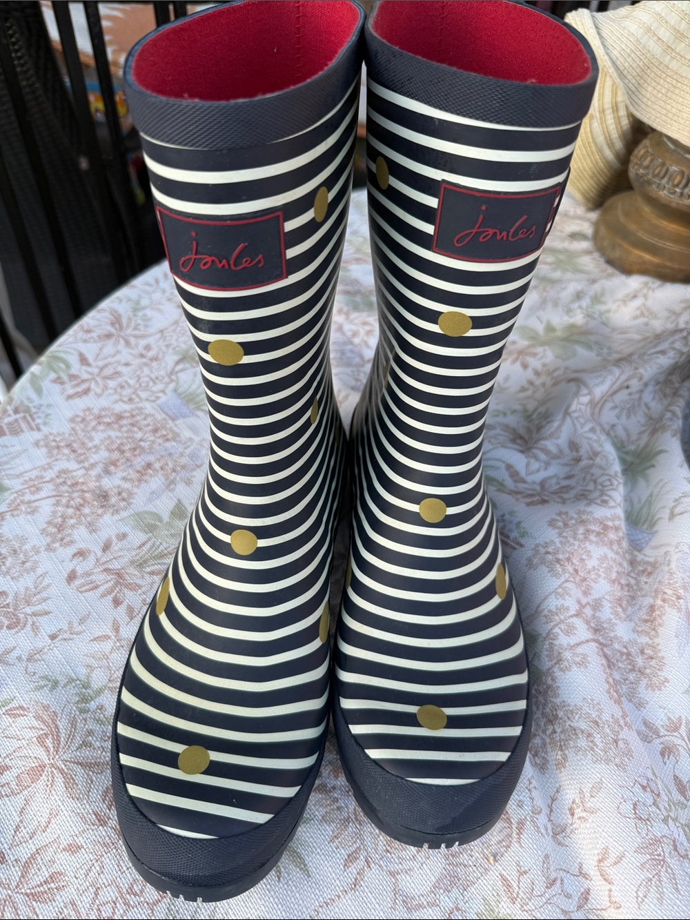 Joules Navy & White Striped Rain Boots with Gold Dots